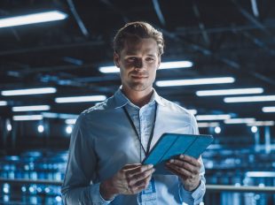 giovane manager utilizza tablet per controllare i dati aziendali